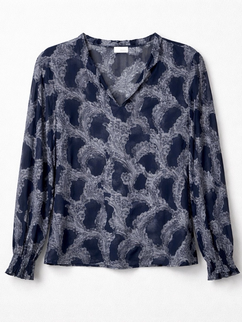 ecru Navy Blue Silk V-Neck Long Sleeve Blouse